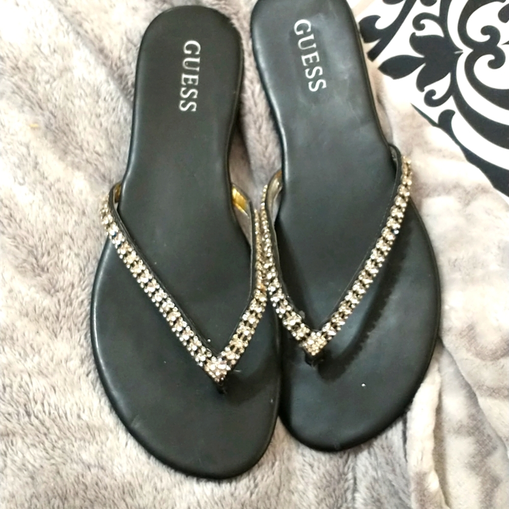 Guess  sandals black with silver bling lots of wear left size 8 medium
